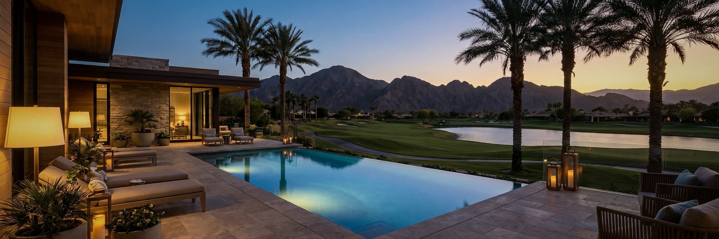 Terrace and pool of a home on a private club fairway at dusk